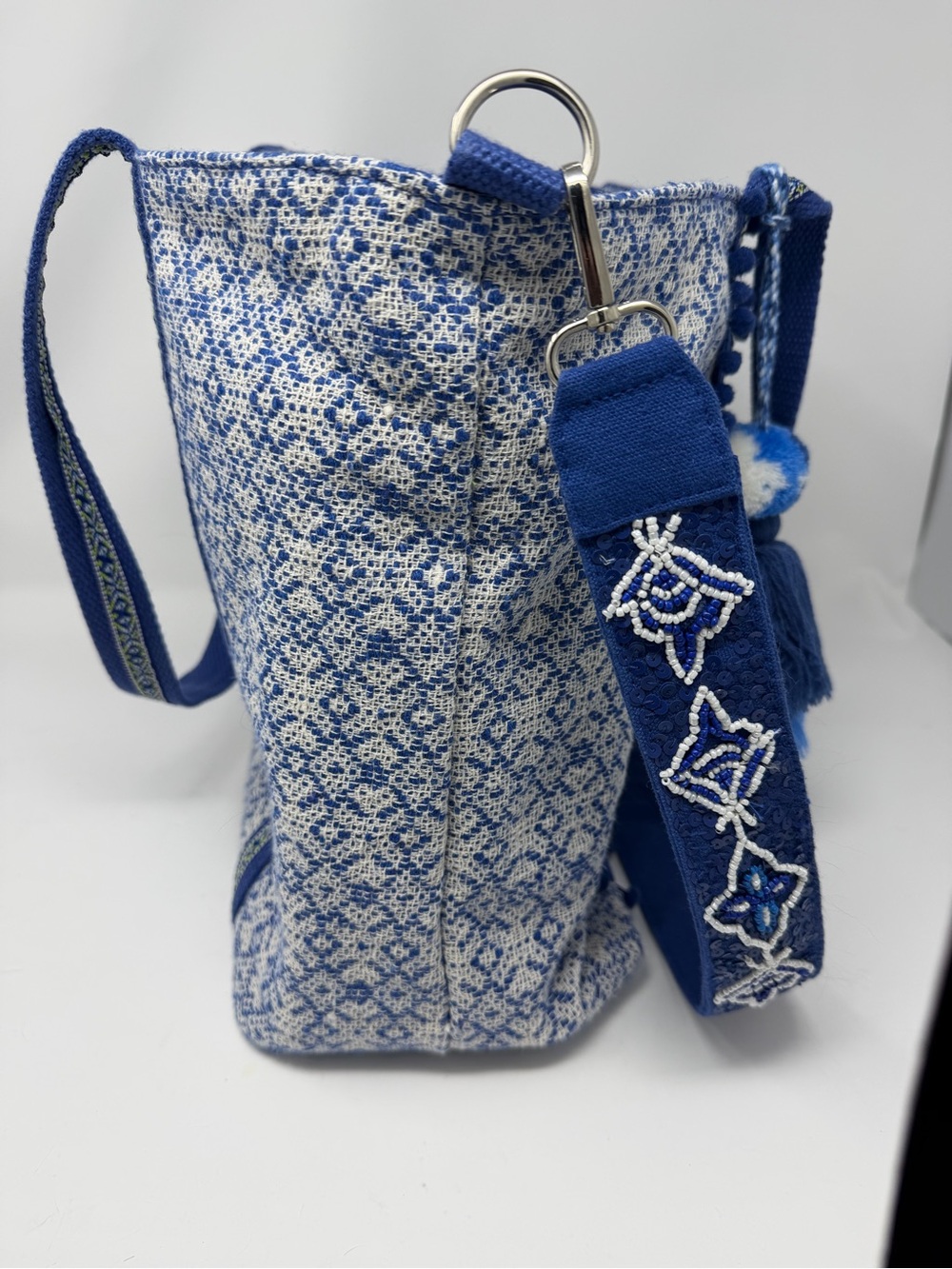 Boho America and Beyond Embroidered Blue Tote Bag with Tassel and Insert - Picture 5 of 16
